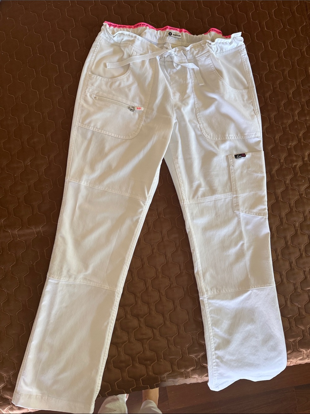 koi White Cargo Scrub Pants with Pink Waist Trim